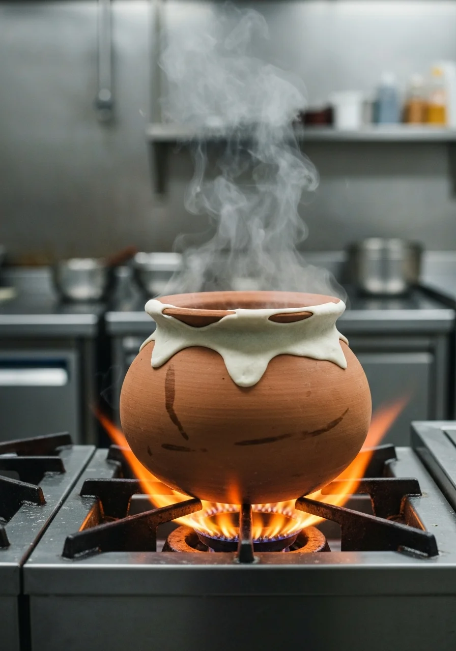 Dough-sealed handi on flame, slow dum cooking process