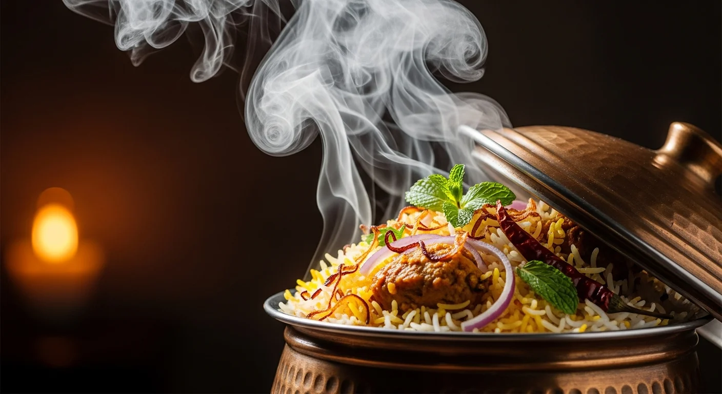 Dum biryani handi with lifting lid, steam rising — Hashtag Hyderabadi Kitchen
