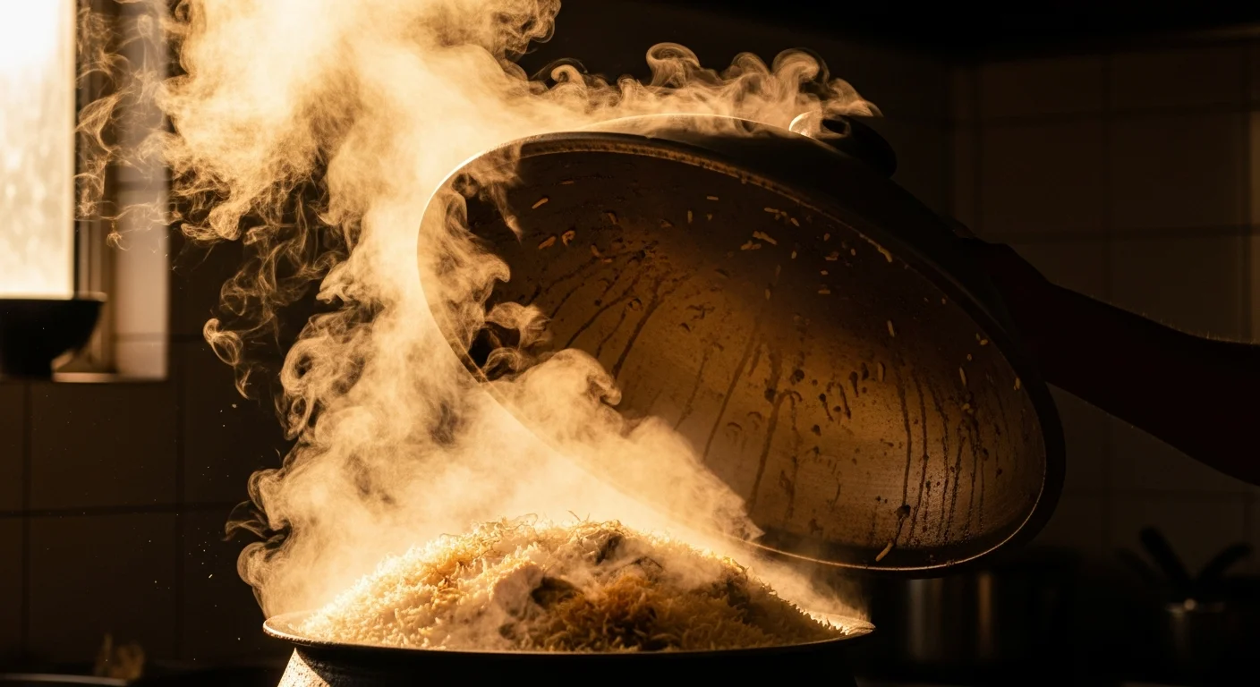 Handi biryani being uncovered, steam escaping, Hashtag kitchen