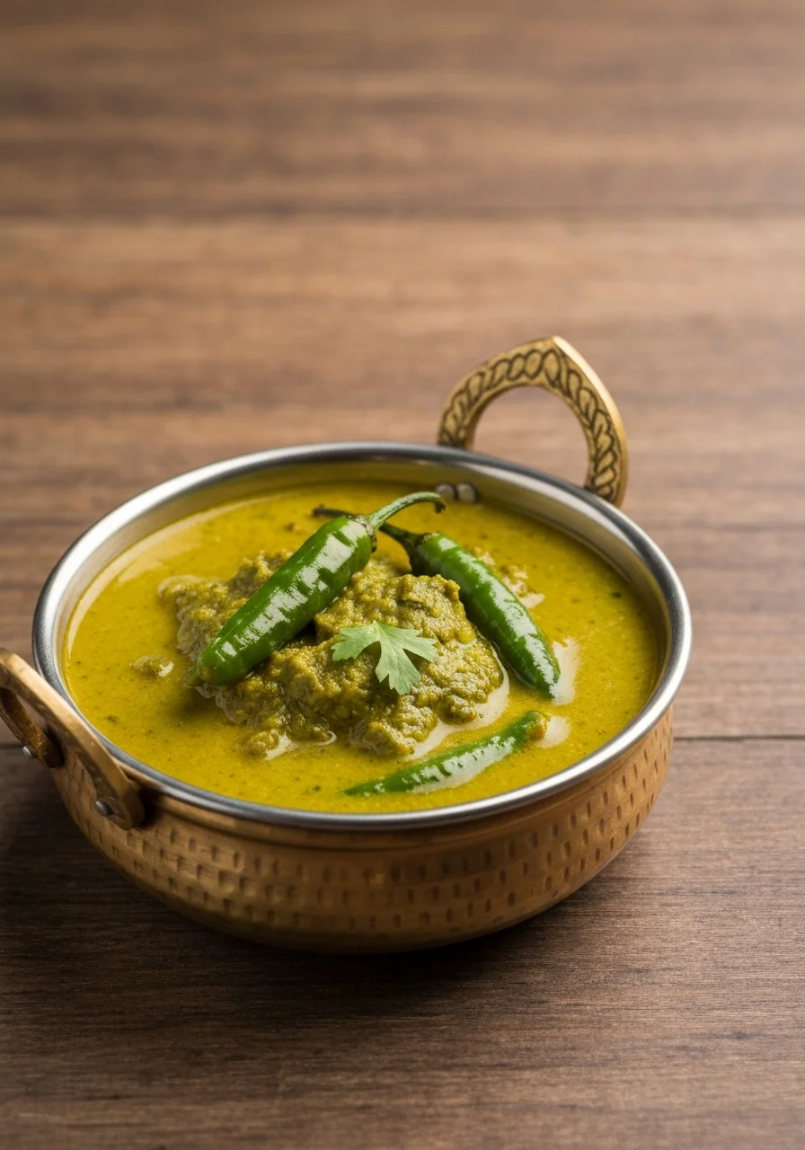Mirchi ka Salan green chilli curry in brass bowl