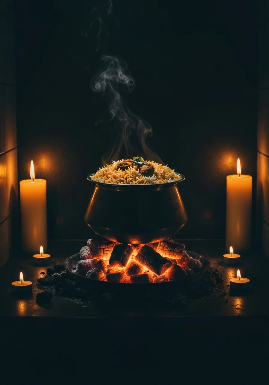 A sealed biryani dum pot resting on burning charcoal in the Hashtag kitchen
