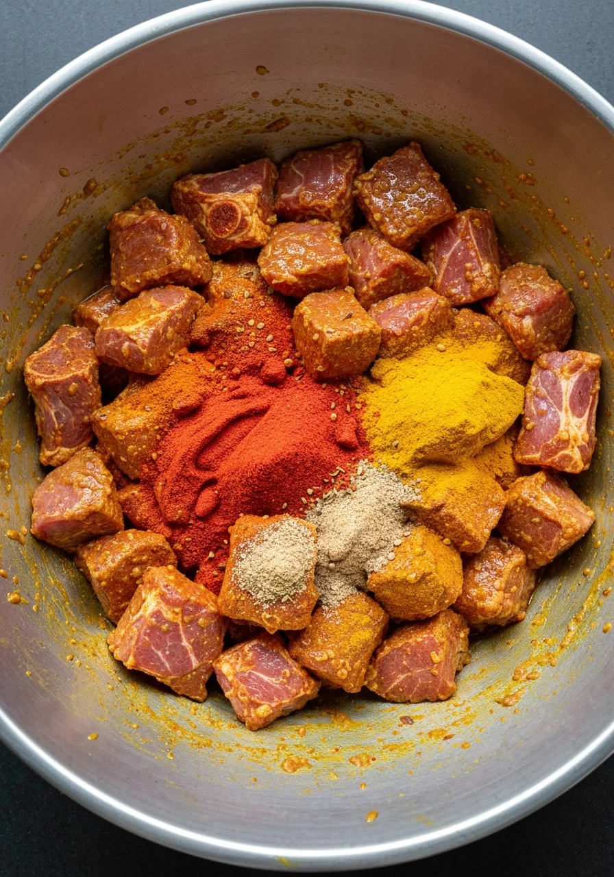 Mutton marination with whole spices, morning kitchen prep