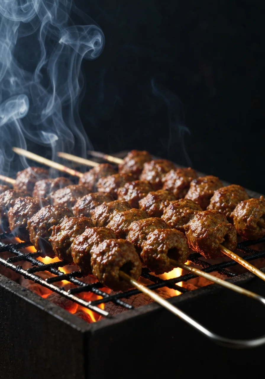 Sheekh kebabs sizzling on charcoal, Hashtag restaurant