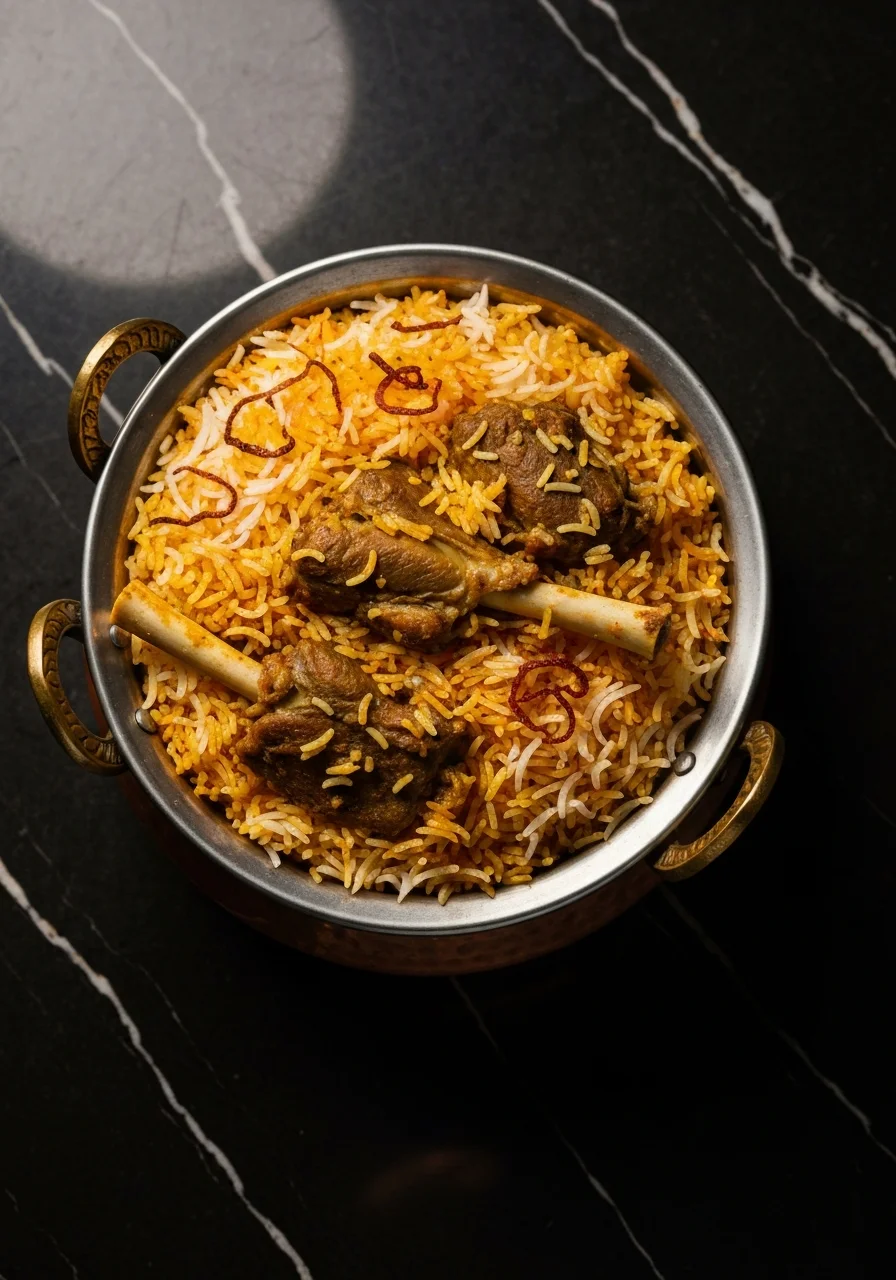 Kachi Gosht Biryani in copper handi