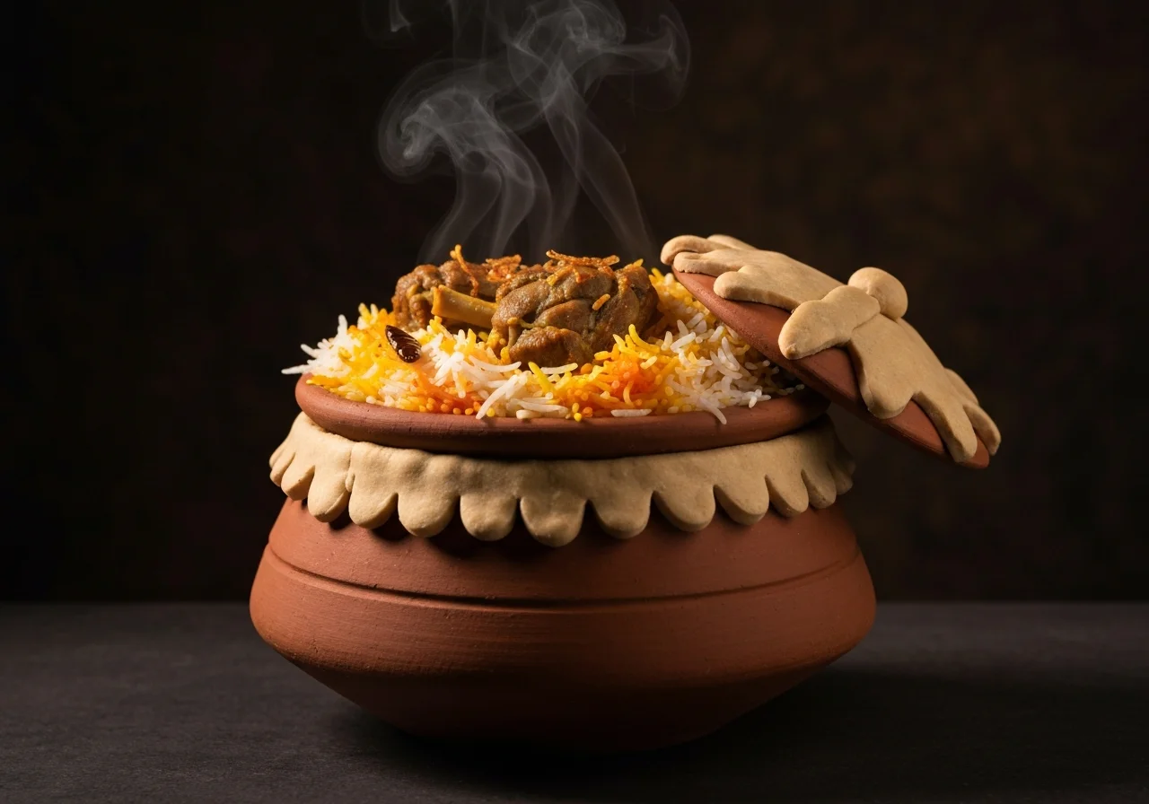 Kachi Gosht Biryani sealed in a traditional clay vessel at Hashtag