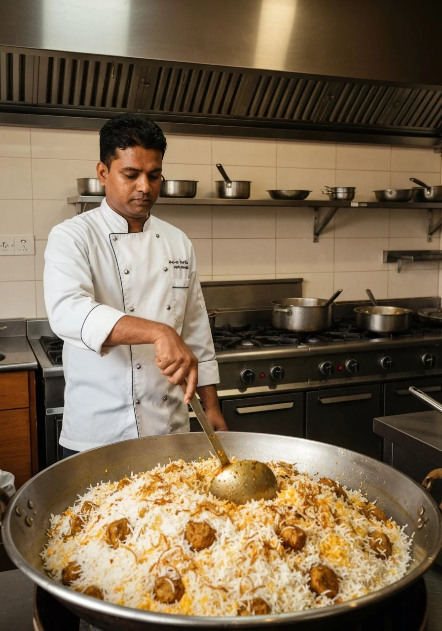 Chef tending to biryani handi at Hashtag kitchen