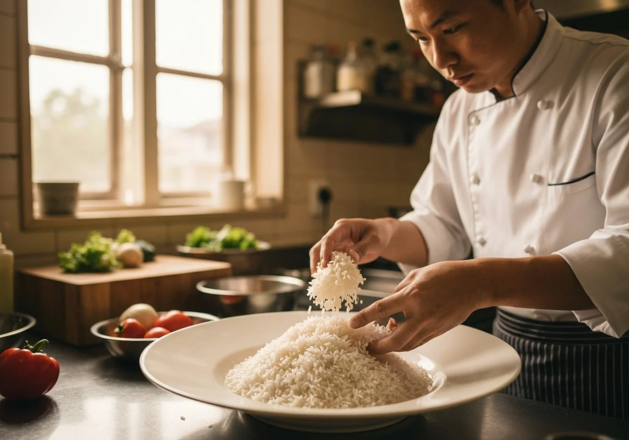 Chef portioning biryani rice onto plate, Hashtag kitchen